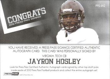 2012 Press Pass - Autographs Silver #PPS-JH2 Jayron Hosley Back