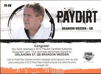 2012 Press Pass Fanfare - Paydirt Autographs Blue #PD-BW Brandon Weeden Back