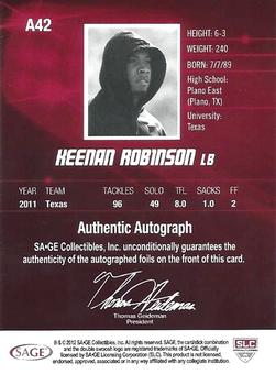 2012 SAGE HIT - Autographs #A42 Keenan Robinson Back