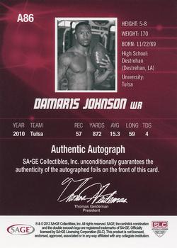 2012 SAGE HIT - Autographs #A86 Damaris Johnson Back