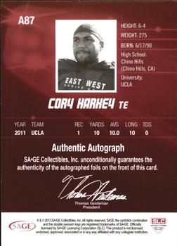 2012 SAGE HIT - Autographs #A87 Cory Harkey Back