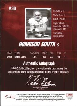 2012 SAGE HIT - Autographs Gold #A38 Harrison Smith Back