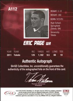 2012 SAGE HIT - Autographs Gold #A112 Eric Page Back