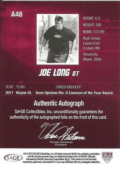 2012 SAGE HIT - Autographs Silver #A48 Joe Long Back