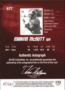 2012 SAGE HIT - Autographs Silver #A77 Marvin McNutt Back