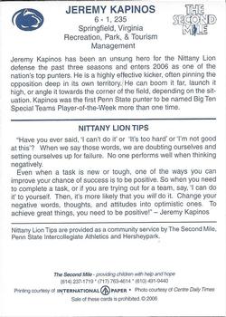 2006 The Second Mile Penn State Nittany Lions Tips: Fall Edition #NNO Jeremy Kapinos Back