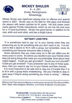 2008 The Second Mile Penn State Nittany Lions Tips: Fall Edition #NNO Mickey Shuler Back