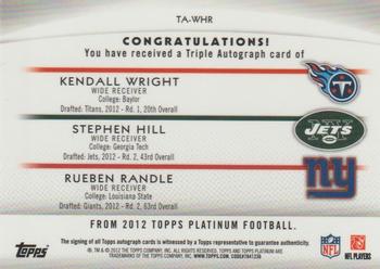 2012 Topps Platinum - Rookie Autographs Triple #TA-WHR Kendall Wright / Stephen Hill / Rueben Randle Back