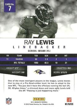 2012 Panini Absolute #7 Ray Lewis Back