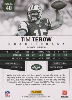 2012 Panini Absolute #40 Tim Tebow Back