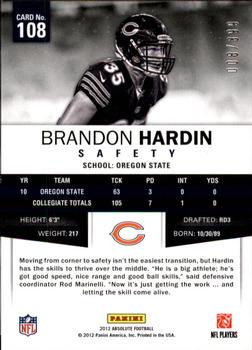 2012 Panini Absolute #108 Brandon Hardin Back