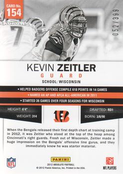 2012 Panini Absolute #154 Kevin Zeitler Back