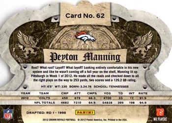 2012 Panini Crown Royale #62 Peyton Manning Back