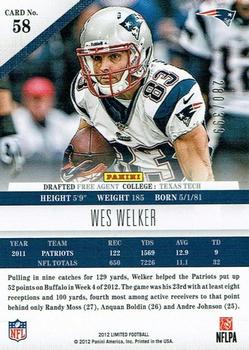 2012 Panini Limited #58 Wes Welker Back