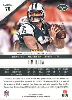 2012 Panini Limited #70 Tim Tebow Back