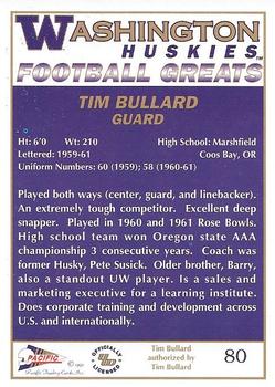 1992 Pacific Greats Washington Huskies #80 Tim Bullard Back