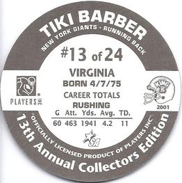2001 King B Discs #13 Tiki Barber Back