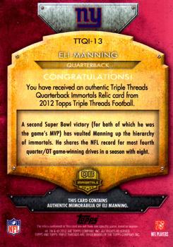 2012 Topps Triple Threads - Quarterback Immortal Relics #TTQI-13 Eli Manning Back