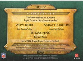 2012 Topps Triple Threads - Relic Combos Emerald #TTRC-37 Drew Brees / Aaron Rodgers / Eli Manning Back
