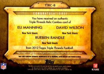 2012 Topps Triple Threads - Relic Combos Gold #TTRC-8 Eli Manning / David Wilson / Rueben Randle Back