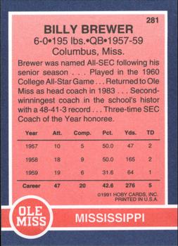 1991 Hoby Stars of the SEC #281 Billy Brewer Back