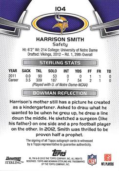 2012 Bowman Sterling - Autographs #104 Harrison Smith Back