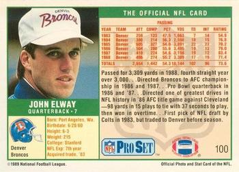 1989-90 Pro Set Super Bowl XXIV Binder #100 John Elway Back