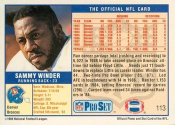1989-90 Pro Set Super Bowl XXIV Binder #113 Sammy Winder Back