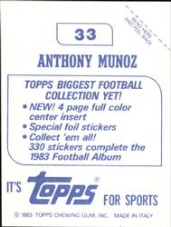 1983 Topps Stickers #33 Anthony Munoz Back
