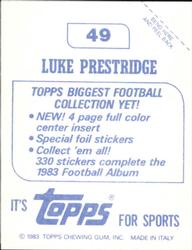 1983 Topps Stickers #49 Luke Prestridge Back