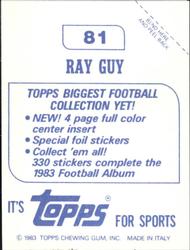1983 Topps Stickers #81 Ray Guy Back