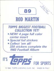 1983 Topps Stickers #89 Rod Martin Back