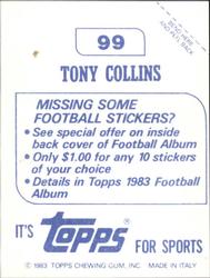1983 Topps Stickers #99 Tony Collins Back