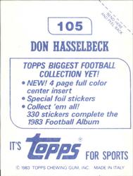 1983 Topps Stickers #105 Don Hasselbeck Back
