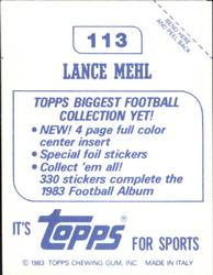 1983 Topps Stickers #113 Lance Mehl Back