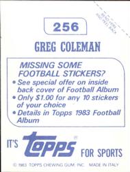 1983 Topps Stickers #256 Greg Coleman Back