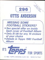 1983 Topps Stickers #296 Ottis Anderson Back