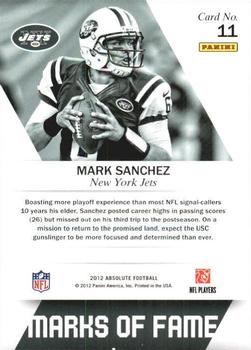 2012 Panini Absolute - Marks of Fame #11 Mark Sanchez Back