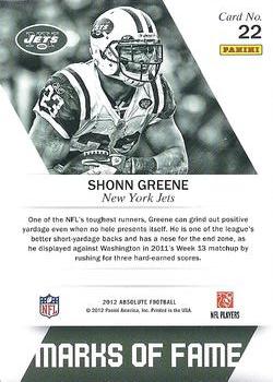 2012 Panini Absolute - Marks of Fame #22 Shonn Greene Back