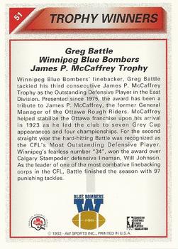 1992 All World CFL #51 Greg Battle Back
