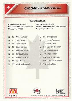 1992 All World CFL #94 Calgary Stampeders Checklist Back