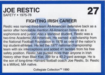 1990 Collegiate Collection Notre Dame #27 Joe Restic Back