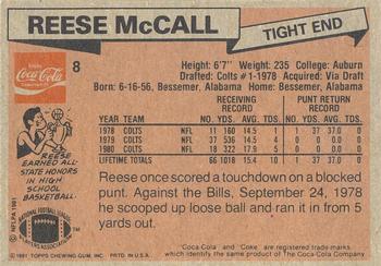 1981 Topps Coca-Cola Baltimore Colts #8 Reese McCall Back