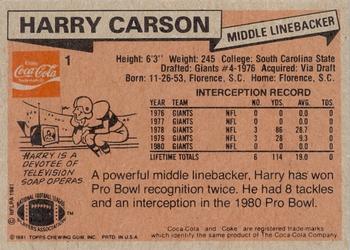 1981 Topps Coca-Cola New York Giants #1 Harry Carson Back