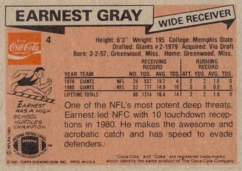 1981 Topps Coca-Cola New York Giants #4 Earnest Gray Back