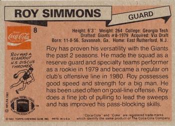 1981 Topps Coca-Cola New York Giants #8 Roy Simmons Back