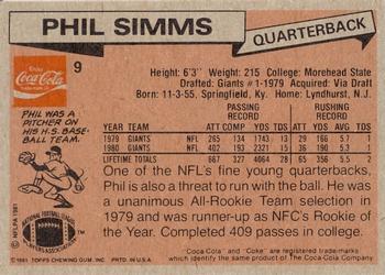 1981 Topps Coca-Cola New York Giants #9 Phil Simms Back