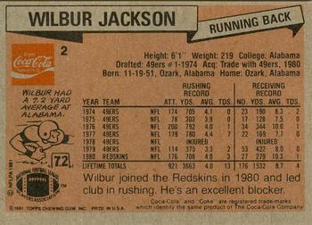 1981 Topps Coca-Cola Washington Redskins #2 Wilbur Jackson Back