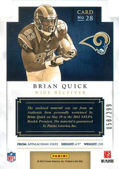 2012 Panini Prominence - Rookie Projection Materials #28 Brian Quick Back