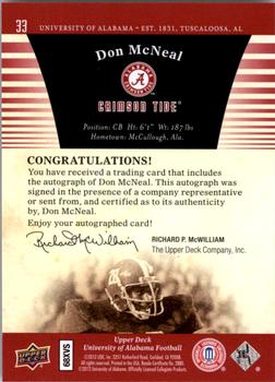 2012 Upper Deck University of Alabama - Autographs #33 Don McNeal Back